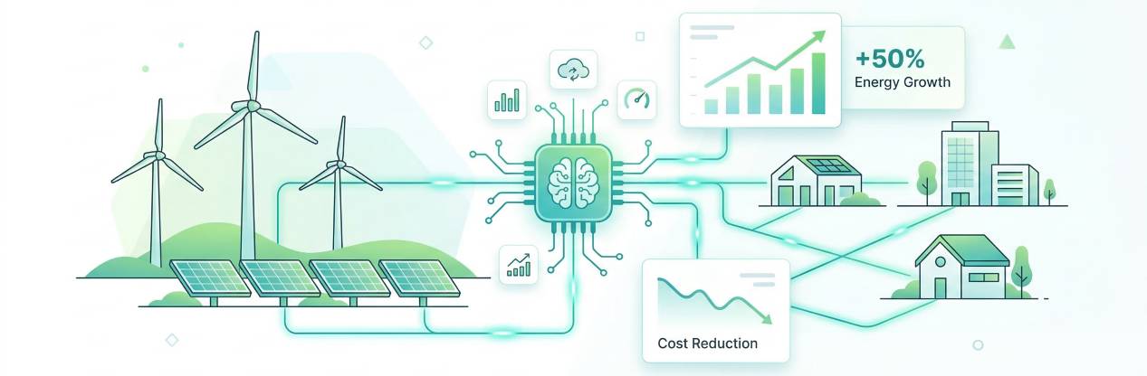 Infografika przedstawiająca korzyści transformacji energetycznej z AI